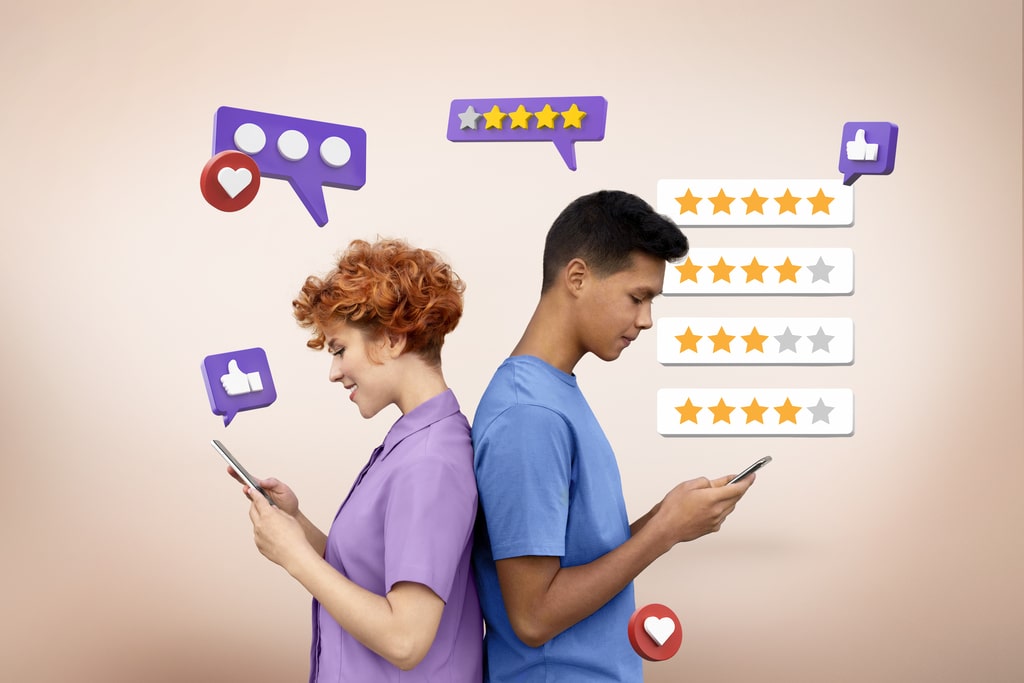 Ottenere recensioni su piattaforme come Google My Business e vari social network può essere molto utile per far crescere la propria brand awareness. Nella foto, dei giovani che scrivono recensioni online.