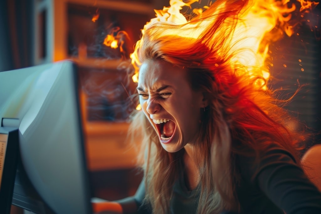 Per prevenire il danneggiamento dell'hard disk, è importante che si presti attenzione a una serie di problemi che possono concernere sia il funzionamento logico che quello fisico del proprio dispositivo. Nella foto, una donna infuriata per un malfunzionamento del pc.